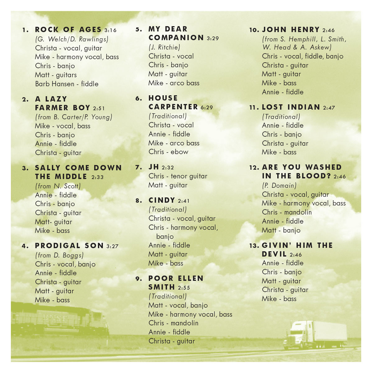 Panel from inside the CD booklet listing the album tracks and credits per track.
