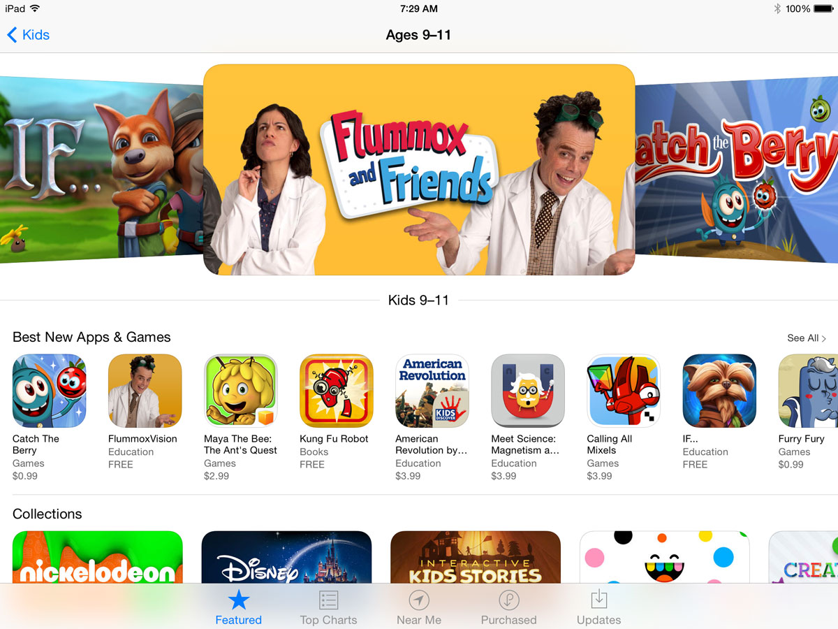 Screenshot from Apple’s iPad App Store, featuring Kids apps for ages 9–11. Flummox and Friends is highlighted in the hero position.
