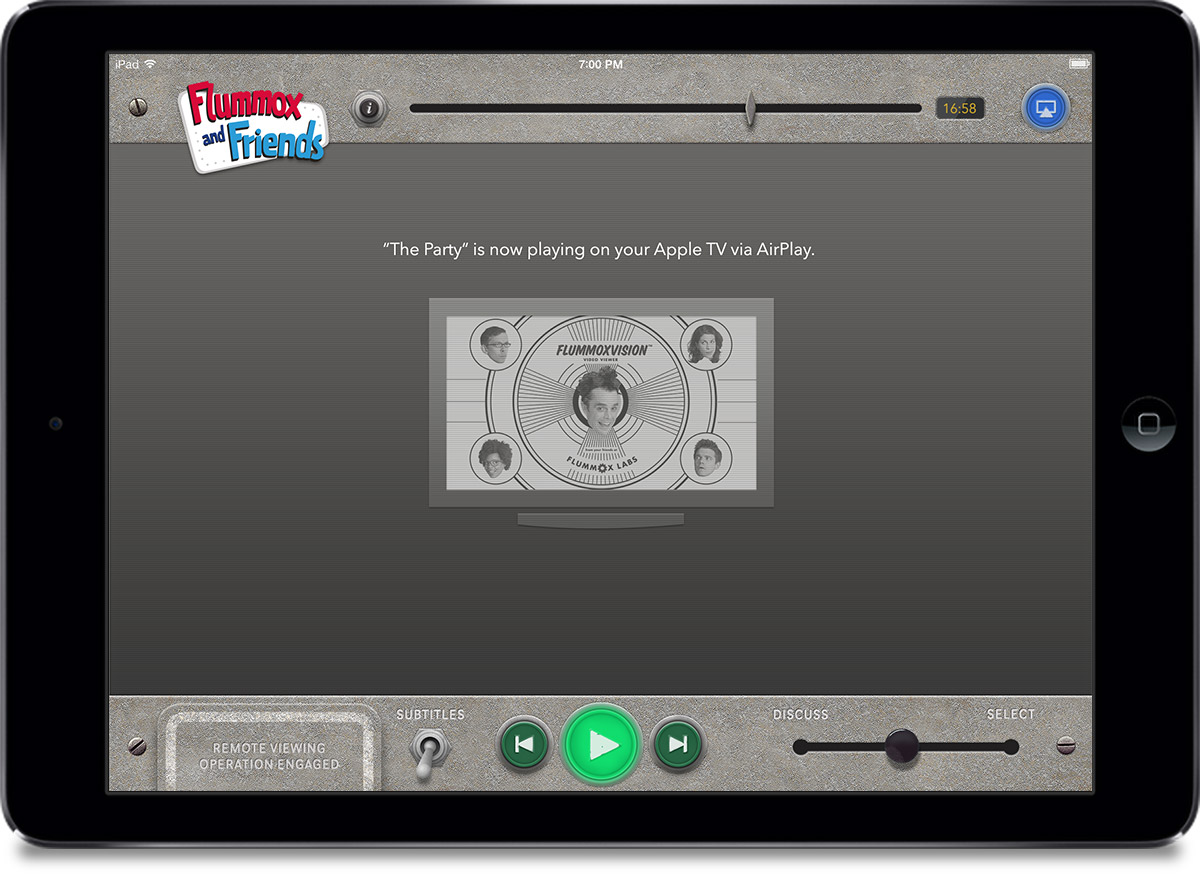 Early generation iPad showing the FlummoxVision app in AirPlay mode.